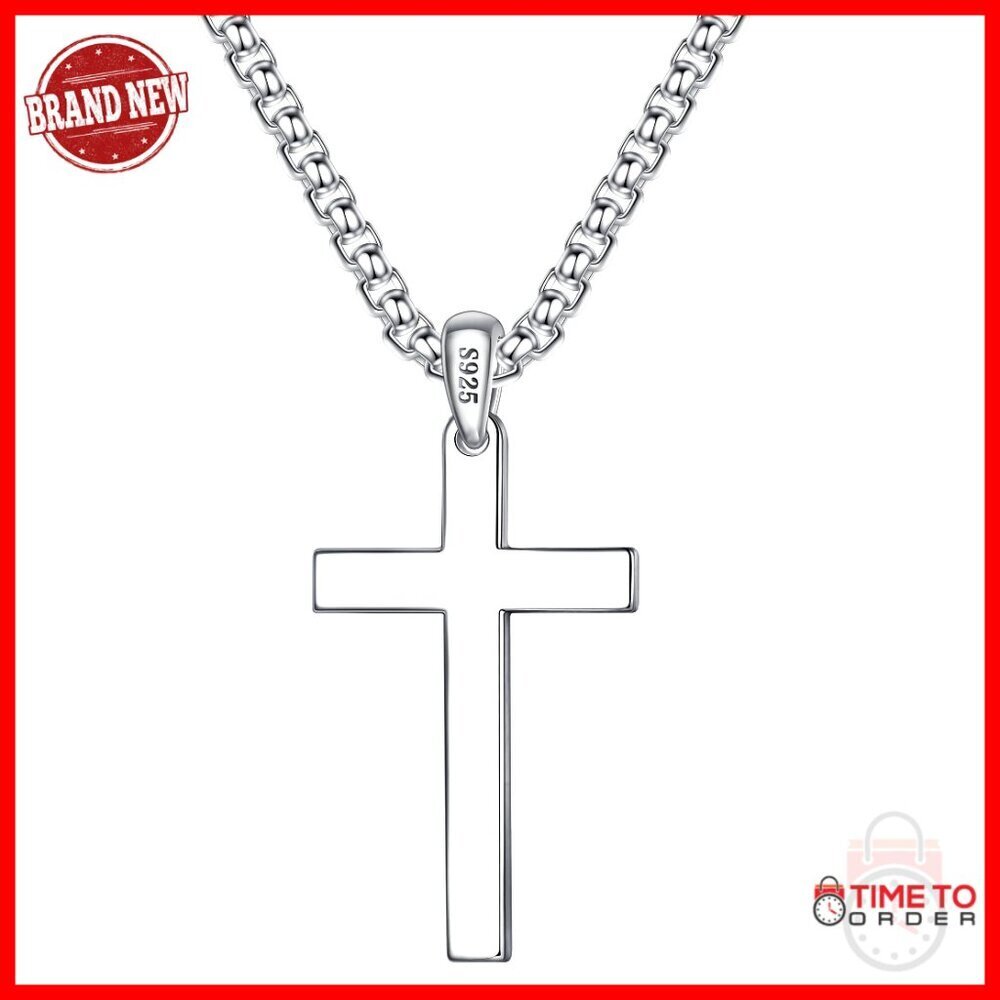 Sterling Silver Cross Pendant Necklace with Stainless Steel Chain 22 Inches